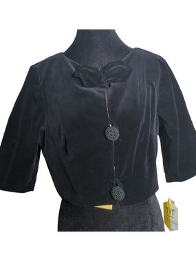 Vintage 90's Black Velvet Cropped Jacket Bow Detail Top Bridgerton Vibe Sz 15/16